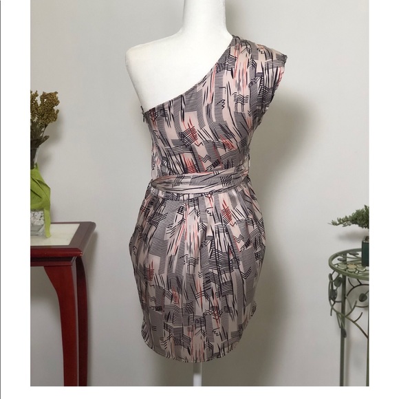 NWOT Retro, Line Pattern, Silk One Shoulder Dress - Picture 2 of 4